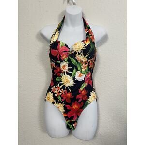 Halter Swimsuit Bodysuit Multicolor Jungle Tropical Floral One Piece Bra Sm
